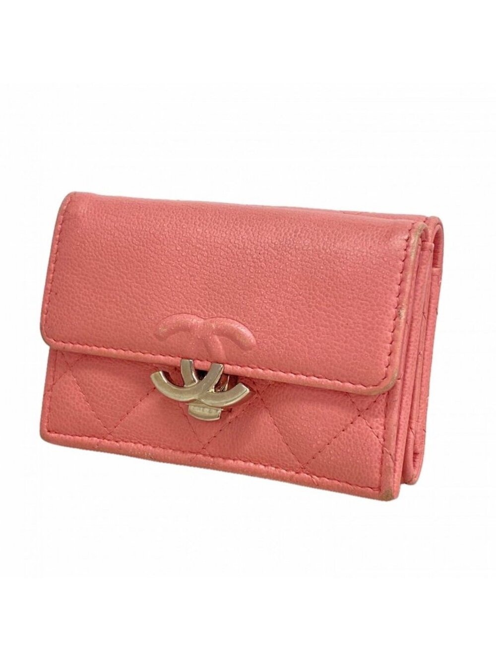 Chanel Trifold Wallet Quilted Half Coco Caviar Leather Pink Silver